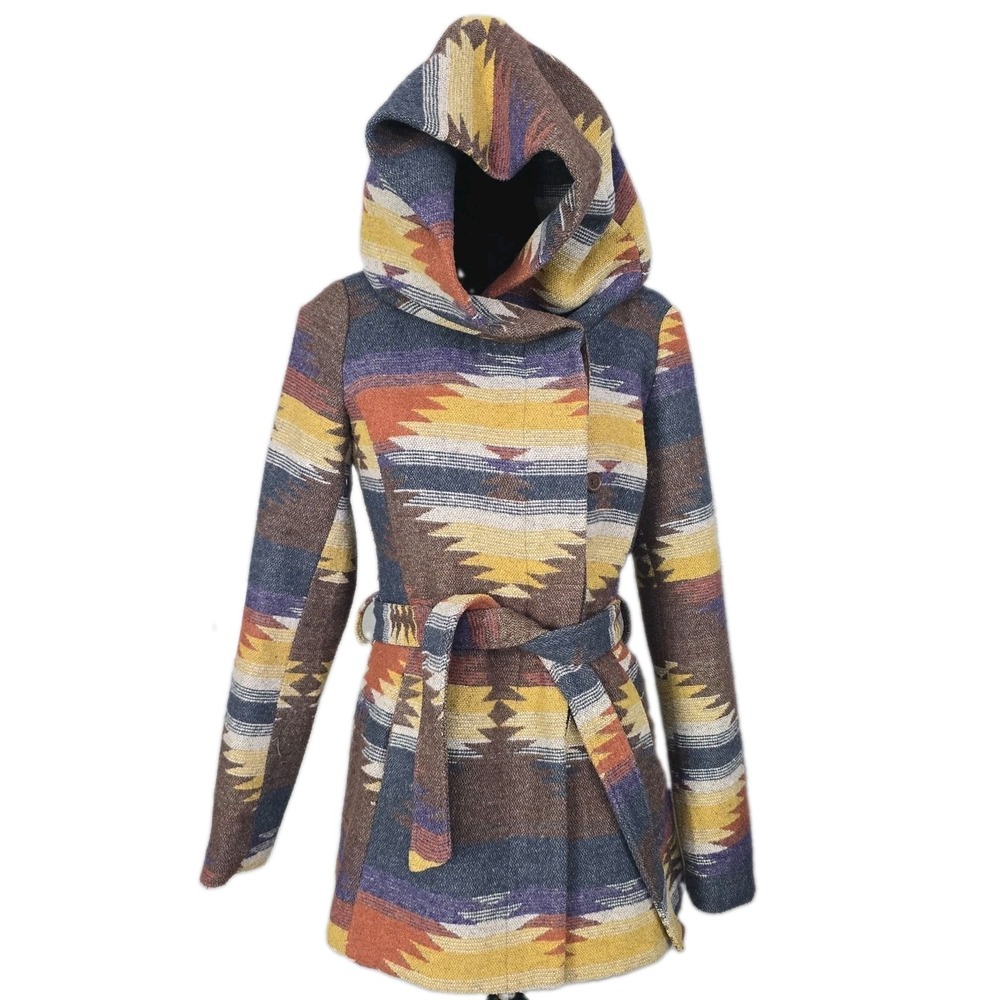 Mossimo Womens Aztec Southwestern Hooded Belted Jacket Small Brown